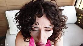 Curly brunette milf teases cock with lips in weekend warrior blowjob compilation