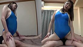 japanese milf in daughter's school swimsuit gets oiled huge tits fucked