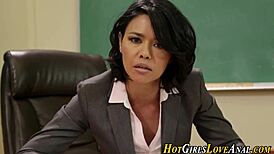 hot teen grinds milf strapon in first-time lesbian threesome ride