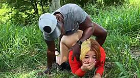 Horny Colombian flashes tits while black guy struts shamelessly