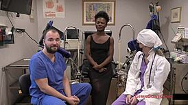 Rina Arem's shaved pussy probed in virginity clinic