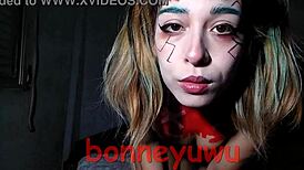 sexy latina bonneyuwu strips panties in cute cyberpunk rebecca cosplay on bed