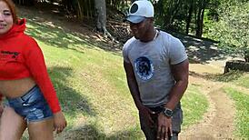 Horny Colombian flashes tits while black guy struts shamelessly