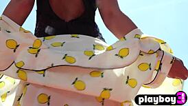 PETITE BLONDE TEEN MODEL RIPS CLOTHES FOR OUTDOOR LINGERIE STRIPTEASE!