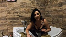 Milfycalla Pees in Bathtub Wearing Fur Coat and Pantyhose Tease