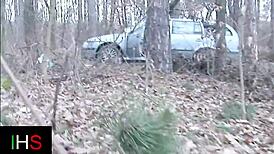 Blonde slut rides cock doggystyle bent over in forest car gets anal rimjob and swollen pussy fucked missionary