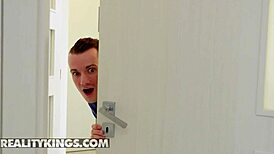 Naughty roommate romy indy deepthroats big cock, rides cowgirl sideways to cum in mouth ball licking!