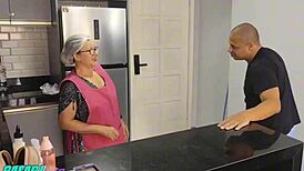 Brazilian maid turns lunch into big cock facial cumshot feast for boss.