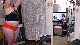 pretty big ass babe does yoga and exercises in retro blue film