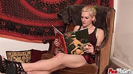 Blonde petite european bisexual trembles in orgasm during group toy play and kisses