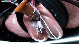 damn your mature godmama's hairy pussy stretches so wide in garage