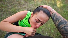 Fitness trainer takes fat cock deep and facial outdoors