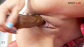 Cuban blonde with small tits masturbates solo using huge black dildo toy in caribbean heat