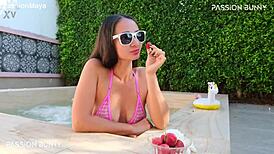 cute petite girl flashes bikini by pool in early morning outdoor tease