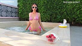 cute petite girl flashes bikini by pool in early morning outdoor tease