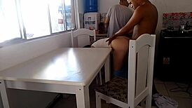 Curvy wife tempts black stud in kitchen while hubby washes dishes