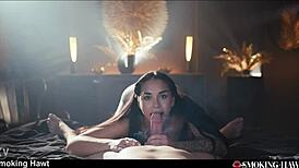 Damn this slutty latina brunette smokes while cowgirl riding cock to cumshot handjob 🔥🚬💦