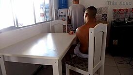 Curvy wife tempts black stud in kitchen while hubby washes dishes