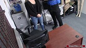 store officer bends brunette cashier over counter for hard doggystyle fuck