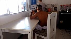 Curvy wife tempts black stud in kitchen while hubby washes dishes