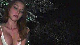 Teen redhead flashes big tits in park, sucks stranger's cock till cum explosion