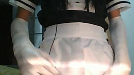 little asian femboy maid in stockings cosplay glasses swallows his own cumshot