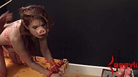 Bound babe chokes gagging deep on rough dominating cock