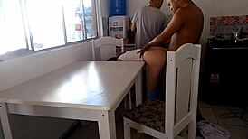 Curvy wife tempts black stud in kitchen while hubby washes dishes