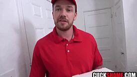 Cuck hubby stares as wife spreads legs for pizza delivery man's hardcore pounding