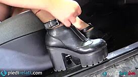 Brunette in black pantyhose teases her sexy feet from car 😍👣🚗
