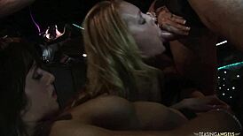 the rich brunette milf can't get enough of big cocks in her limousine during wild group fucking and facials