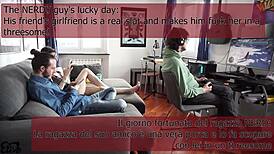nerd guy unlocks threesome upgrade on couch with italian sluts cum on big tits