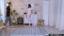 my shaved pussy throbs as i finger myself then deepthroat his monster cock during nuru massage