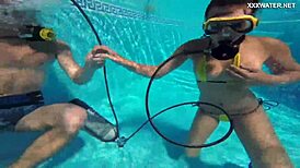 Candy and Lizzy ravage Mike's cock in hardcore underwater shower pool fuck reaching explosive orgasms