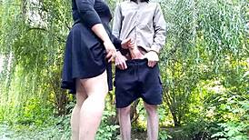 jealous mother-in-law jerks huge cock to cum outdoors in lingerie