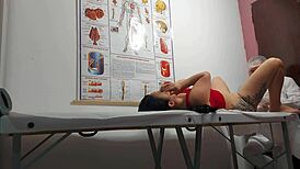 ginecologista fingers patient's asshole then bareback fucks her tight pussy