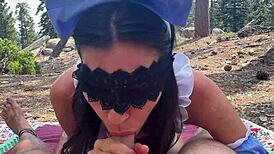 alice in wonderland babe drops to knees sucking cock before outdoor banging