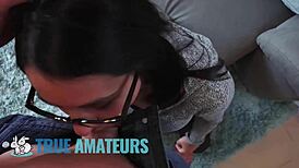 nerdy amateur teen deepthroats cock then bends over for pov doggystyle pounding