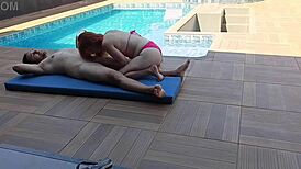 Pretty redhead Brazilian babe rides sexy cock bareback doggystyle by the outdoor pool