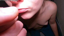 Skinny redhead teen wife gives close-up deepthroat blowjob cum on lips homemade