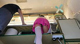 kissing naked bent over shaved pussy ass upskirt skirt counter work naughty teen