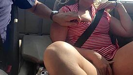 squirting blonde rams dildo deep in public convertible
