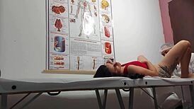 ginecologista fingers patient's asshole then bareback fucks her tight pussy