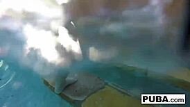 blonde milf olivia fingers her big tits and pussy poolside all nude