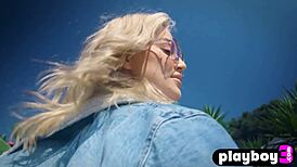omg blake blossom's huge natural tits bounce as this sexy blonde babe strips outdoors for playboy