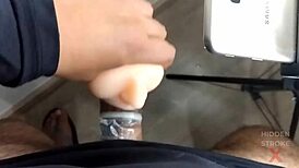he grabs the condom but it breaks during intense sex toy masturbation leading to huge cumshot pleasure