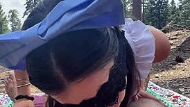 alice in wonderland babe drops to knees sucking cock before outdoor banging