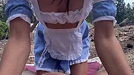 alice in wonderland babe drops to knees sucking cock before outdoor banging