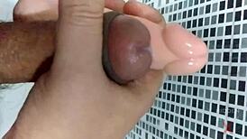 he grabs the condom but it breaks during intense sex toy masturbation leading to huge cumshot pleasure