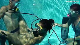 Candy and Lizzy ravage Mike's cock in hardcore underwater shower pool fuck reaching explosive orgasms